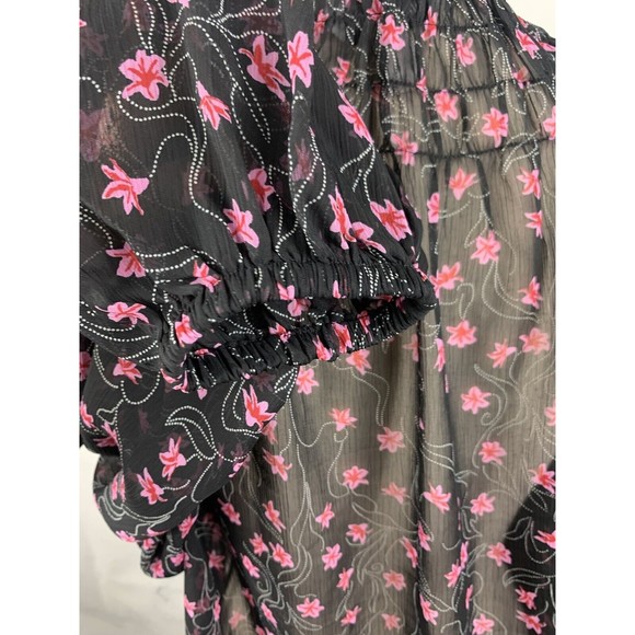 Elizabeth and James Blouse Sz M Woman’s High Neck Black Pink Floral Ribbed  Mesh - Picture 9 of 10